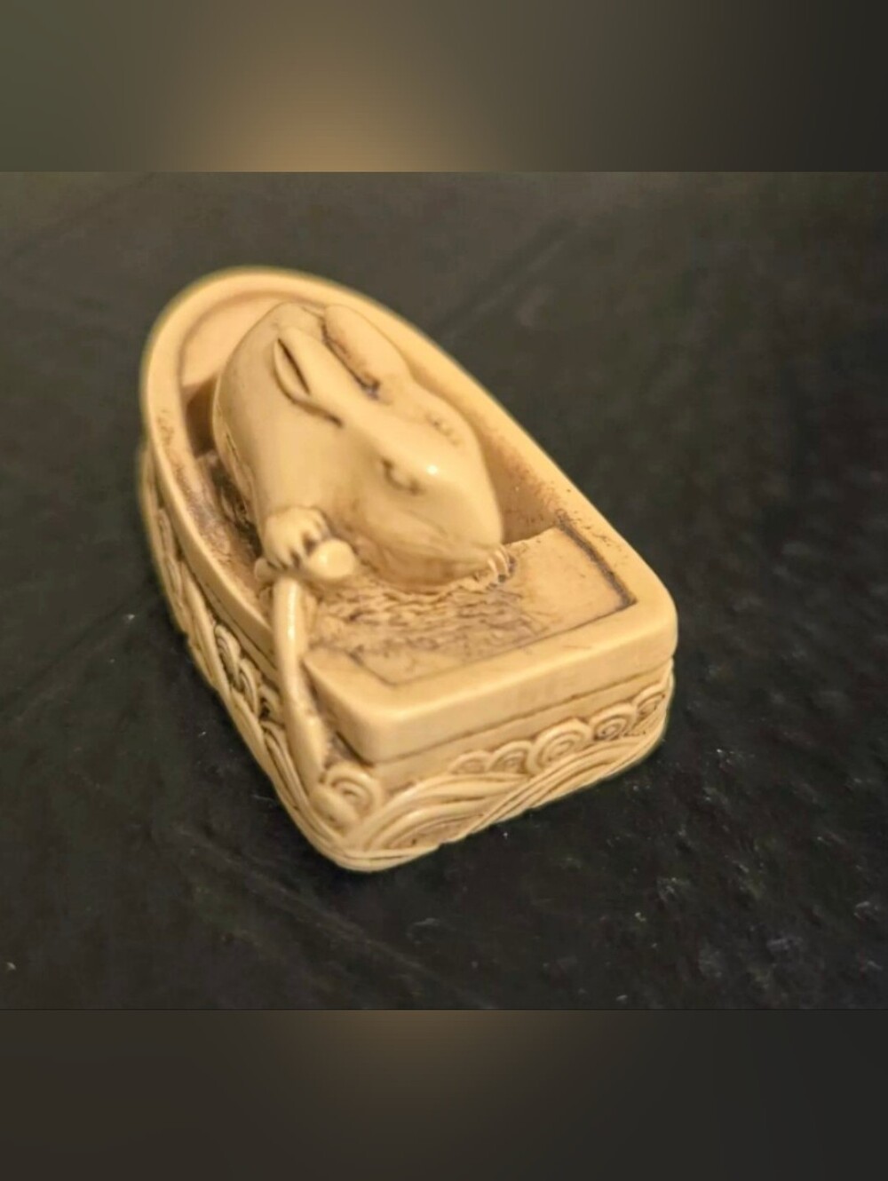 Vintage Miniature Netsuke Rabbit In Boat Figurine